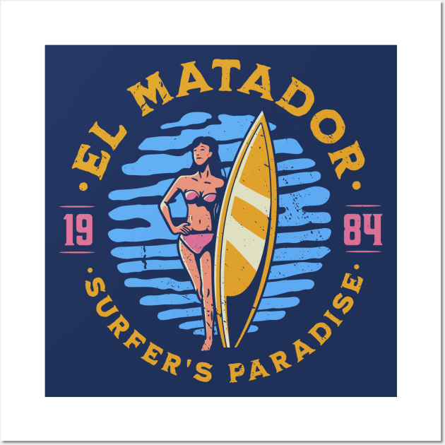 Vintage El Matador, California Surfer's Paradise // Retro Surfing 1980s Badge Wall Art by Now Boarding